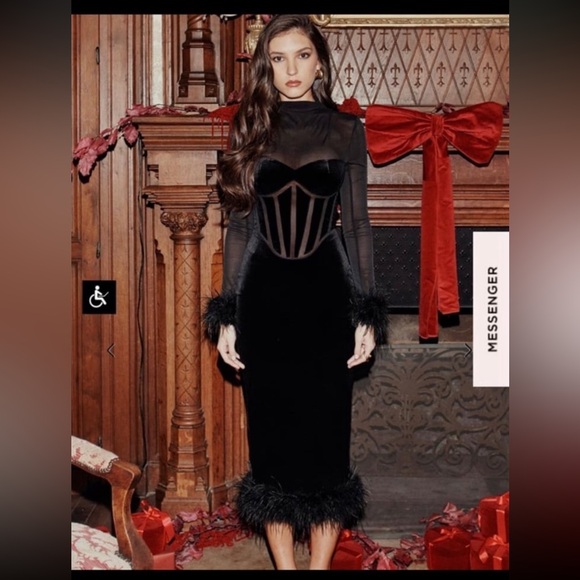 House of CB Lianna Velvet Mesh Feather Black Midi Cocktail Dress - Picture 2 of 8